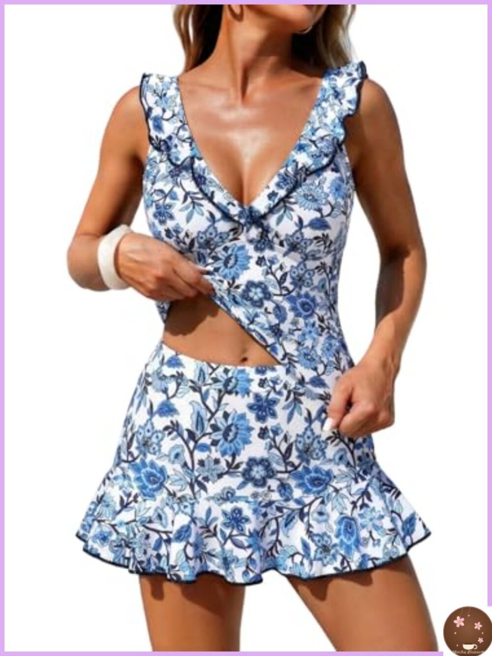 ZAFUL Tankini Swimsuits with Skirt V-Neck Ruffles Adjustable Straps